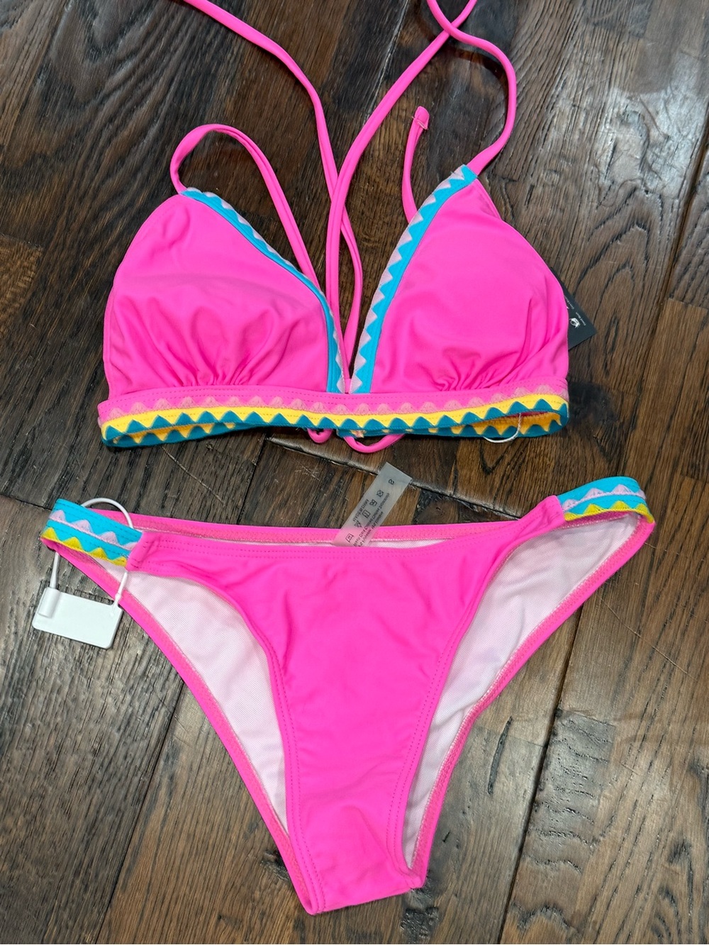 Bright Pink Women's Bikini Set with Multicolor Trim